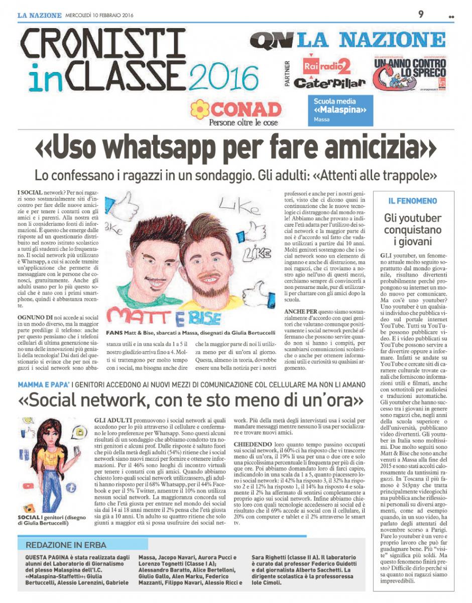 Cronisti in Classe 2016: la prima pagina
