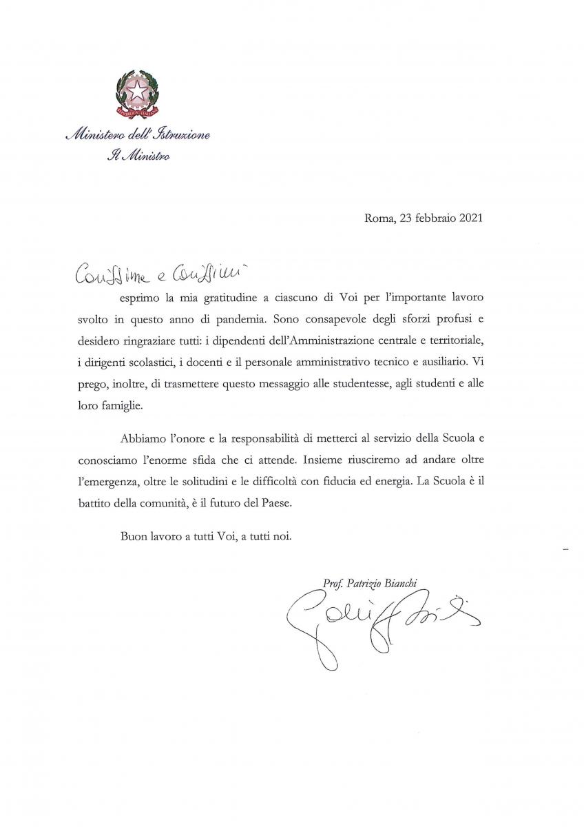 Lettera del Ministro dell'Istruzione Patrizio Bianchi